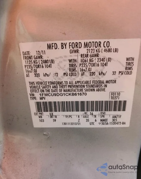 2012 Ford Escape Xlt z USA, uszkodzony, nr VIN 1FMCU9DG1CKB61670